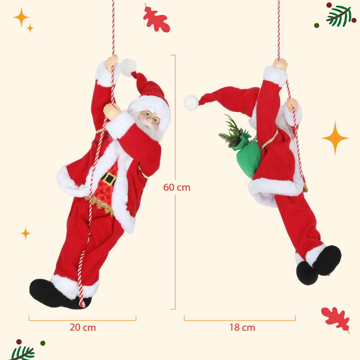 WEIHNACHTSMANN 60 cm Singend und Kletternd Weihnachtsmann mit Geschenk Seil - Rot, Textil (18/60/20cm) - HOMCOM