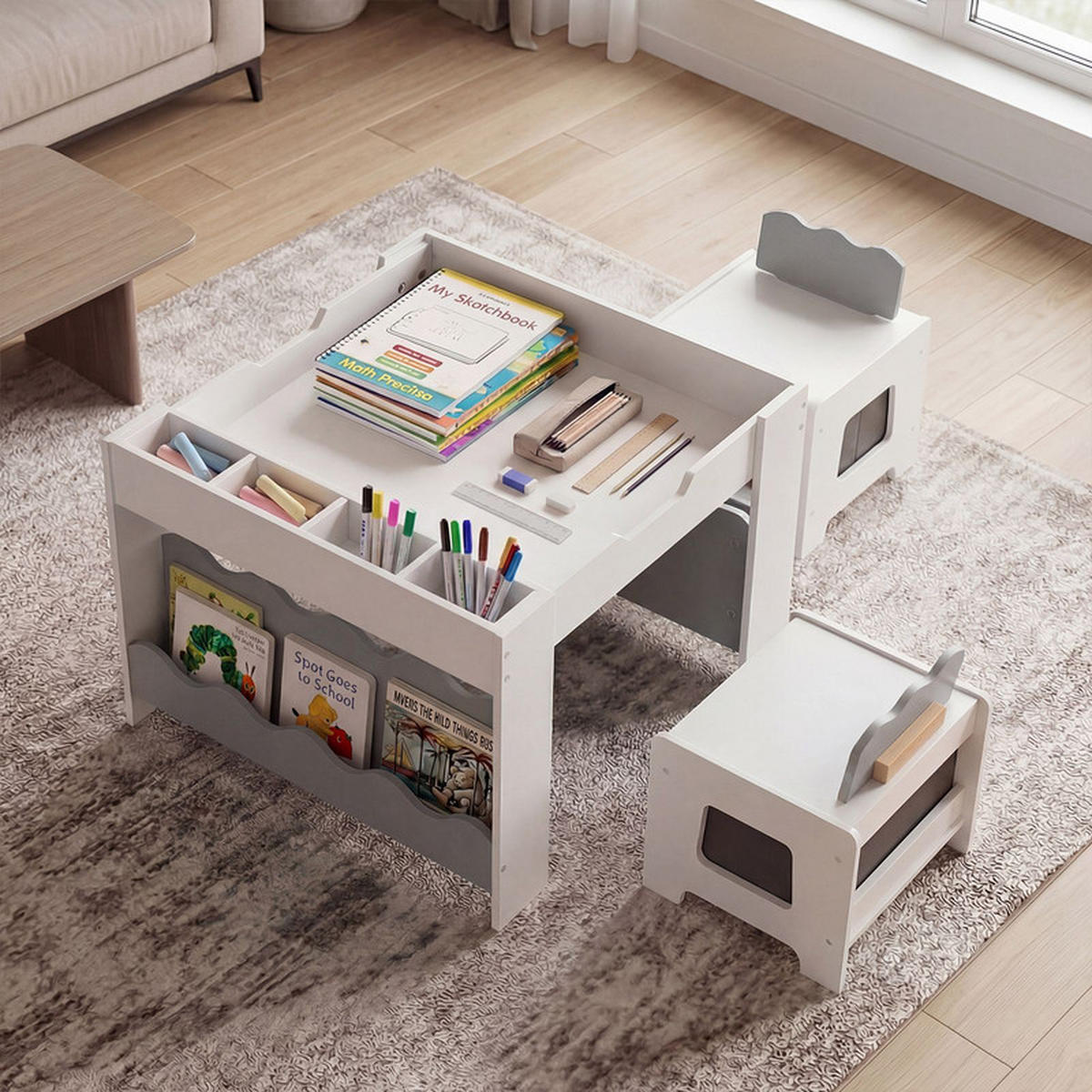 KINDERTISCH mit Stuhl grau(3-tlg) - Grau, Holzwerkstoff (66/48/64cm) - COSTWAY