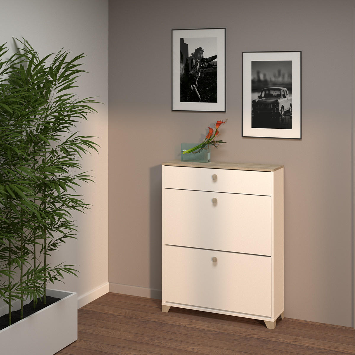 SCHUHMÖBEL 2 Klappen und 1 Schublade Kronberg Eiche und Weiß Dekor - L80,8 cm - Weiß, Holzwerkstoff (24.4/104.3/80.8cm) - Calicosy