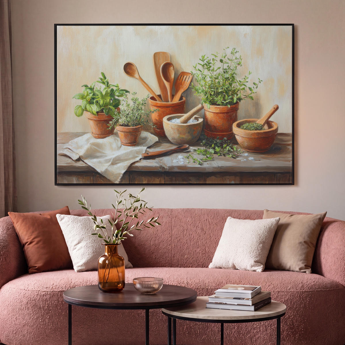 LEINWAND Bilder mit Rahmen - Töpfe - Kräuter - Holz - 150x100 - Terracotta, Textil (150/100cm) - MuchoWow