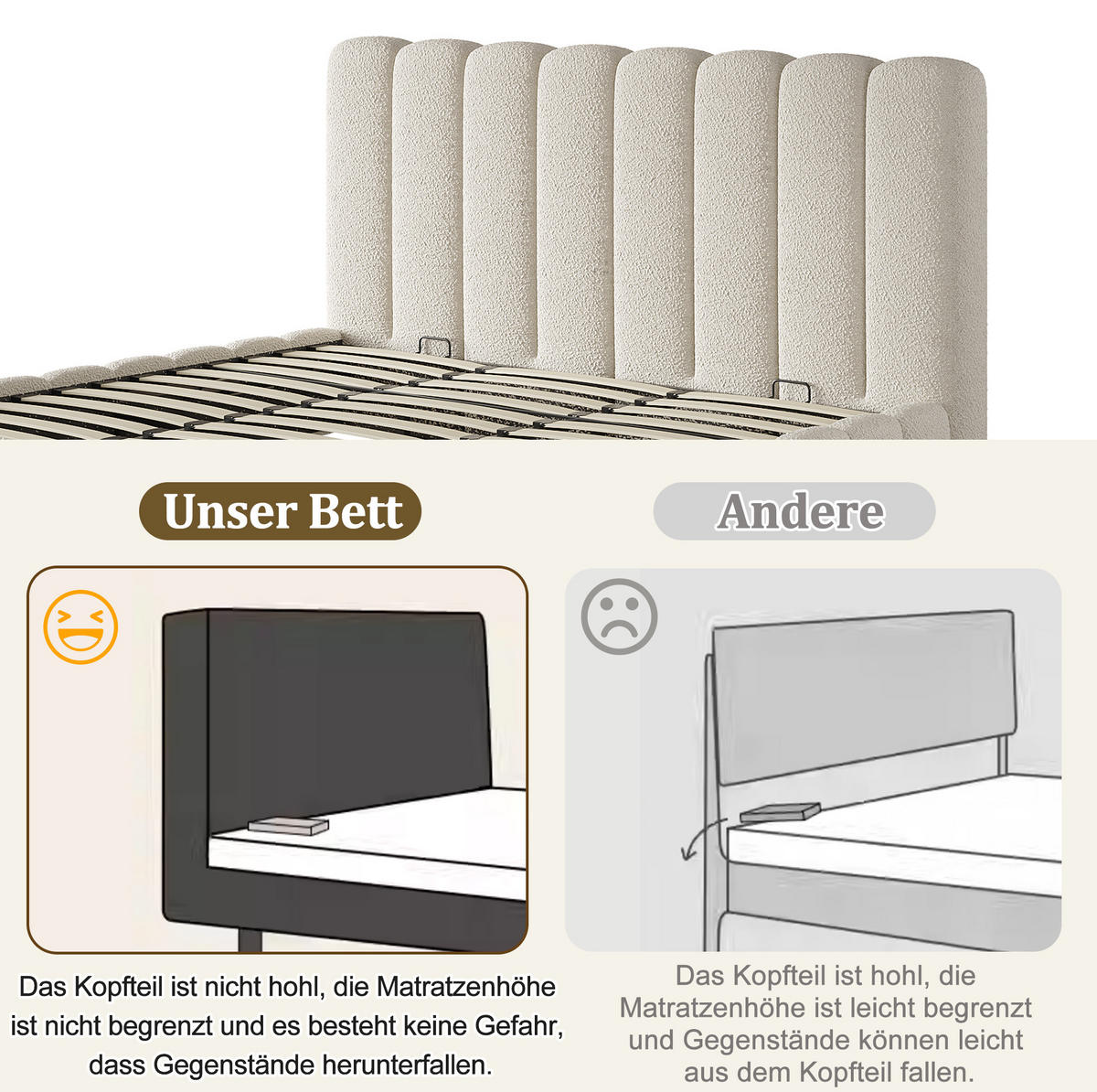 POLSTERBETT 200/200 cm mit hydraulischem Bettkasten und vertikalem Kopfteil, Bouclé, Weiß - Weiß, Textil (200/200cm) - Redom