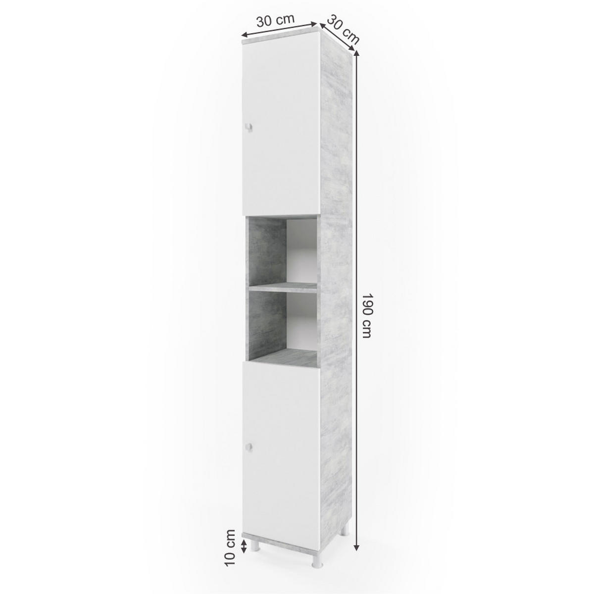 BADSCHRANK Fynn Beton 30 x 190 cm - Schieferfarben/Weiß, Holzwerkstoff (30/190/30cm) - Vicco