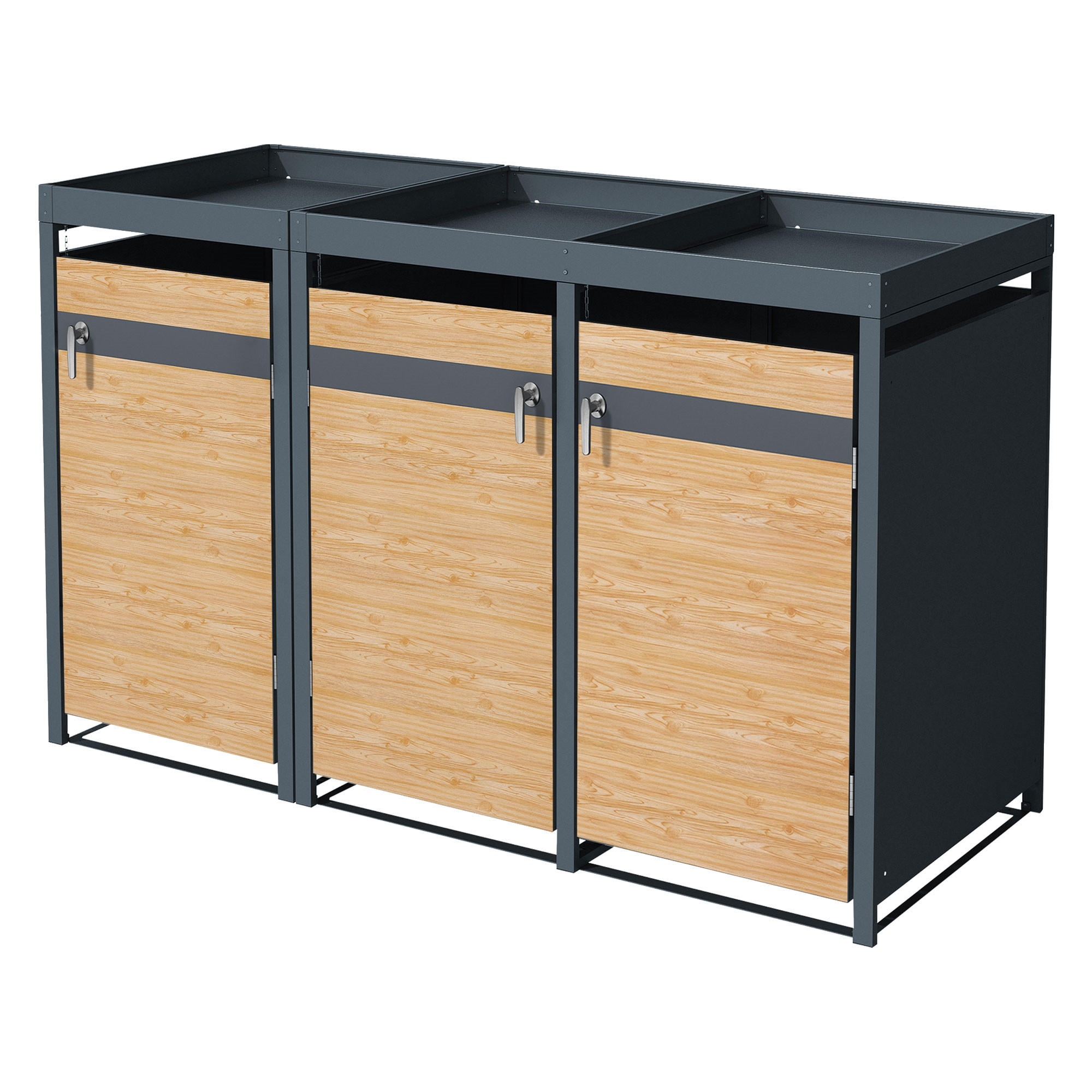 MÜLLTONNENBOX 3er mit Pflanzdach Anthrazit-Lärchenoptik - Hellbraun, Metall (80/124/200cm) - ML-DESIGN