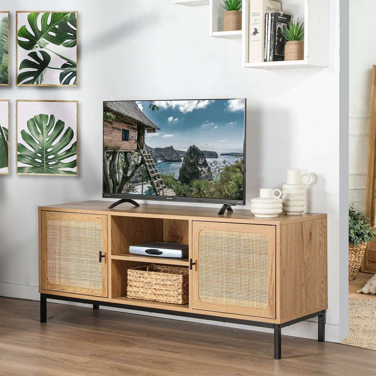 TV-MÖBEL mit 2 Türen, Rattangeflecht und 2 Ablagen - L120cm - Apfelbaumfarben, Holzwerkstoff (39/51/120cm) - Calicosy
