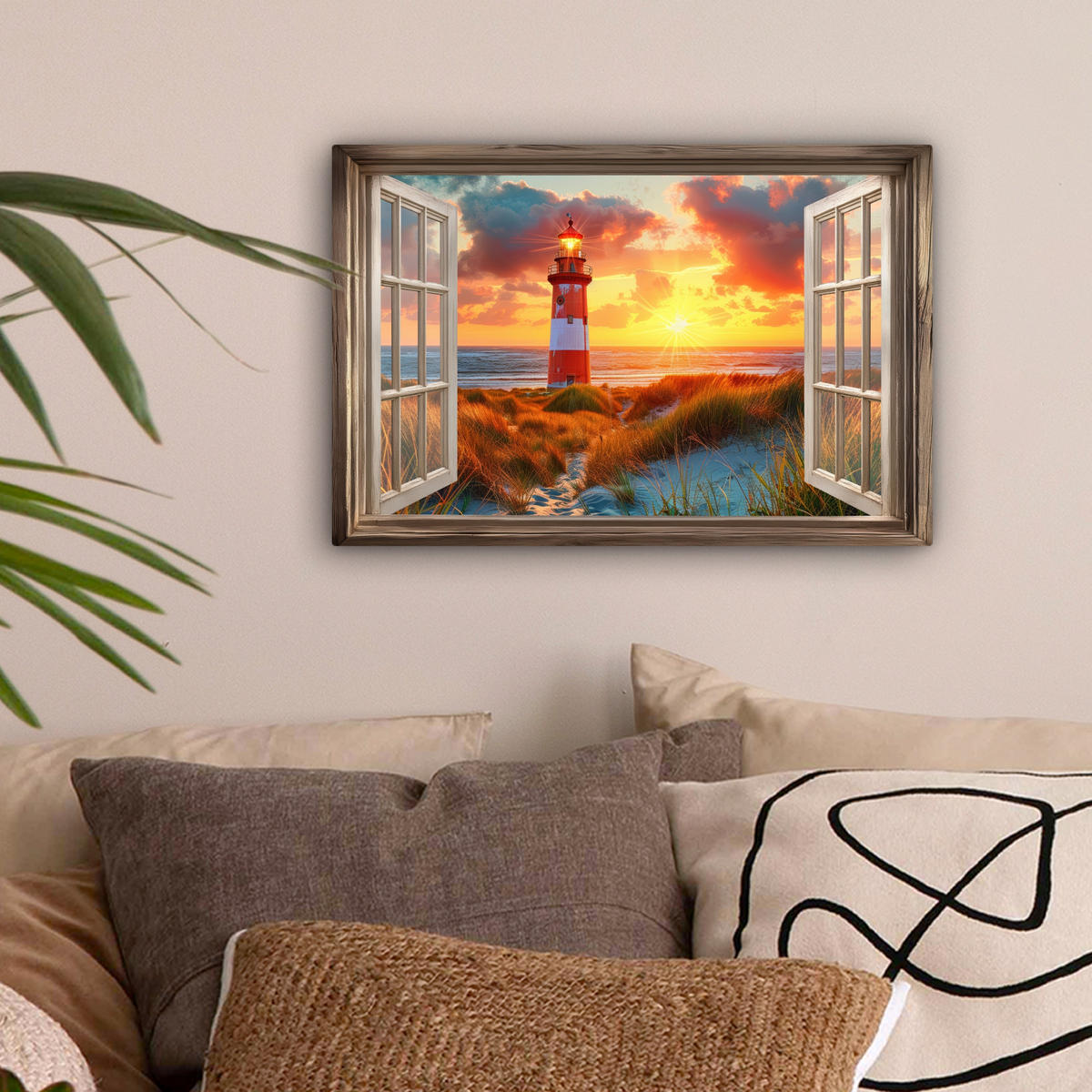 LEINWANDBILD Aussicht - Fenster - Leuchtturm - Sonnenuntergang - Strand Deko Schlafzimmer 30x20 cm - Dunkelorange, Textil (30/20cm) - MuchoWow