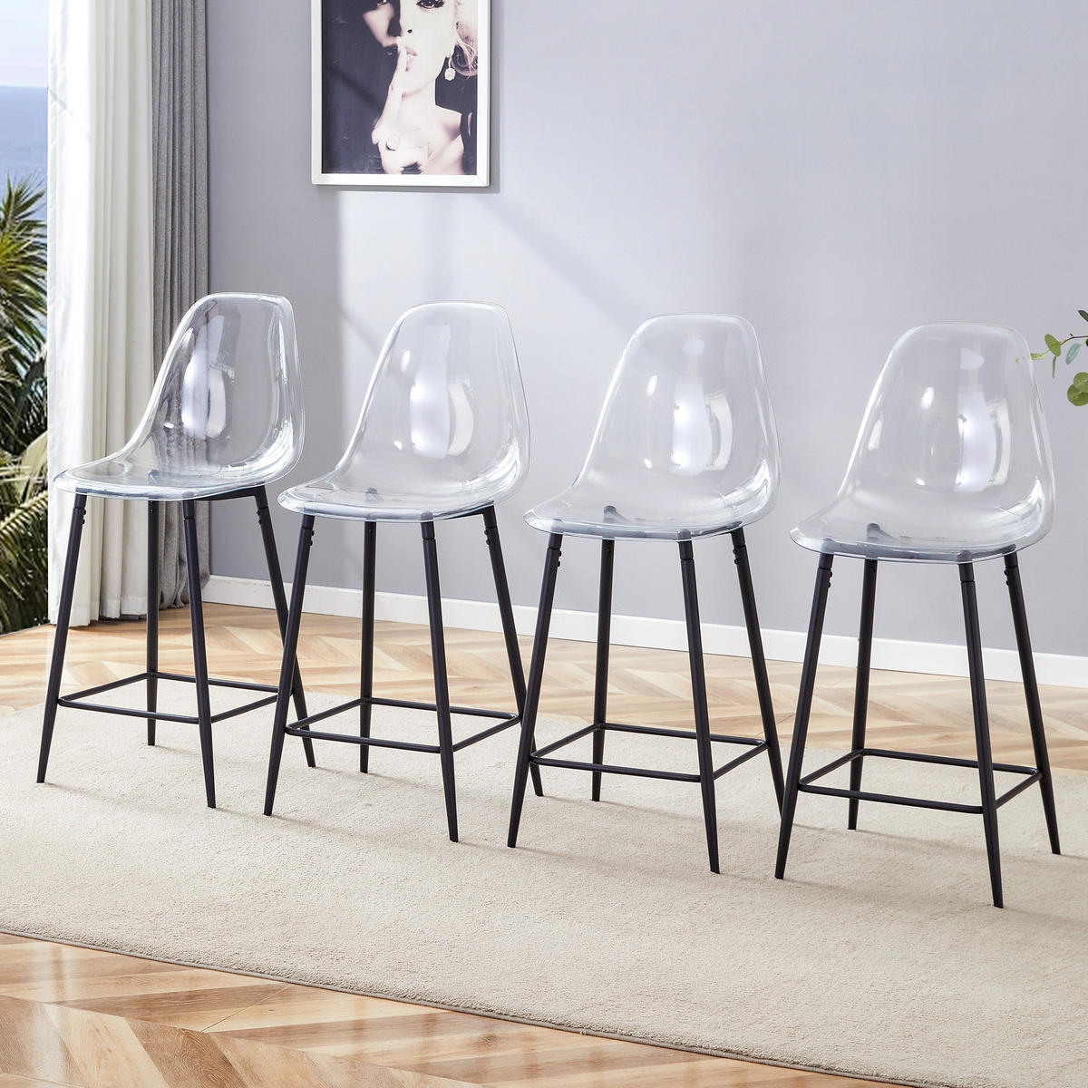 BARHOCKER DE-36582 4er Set mit transparenter Sitzschale Silber - Schwarz, Kunststoff (45/102/51cm) - ComfortXL
