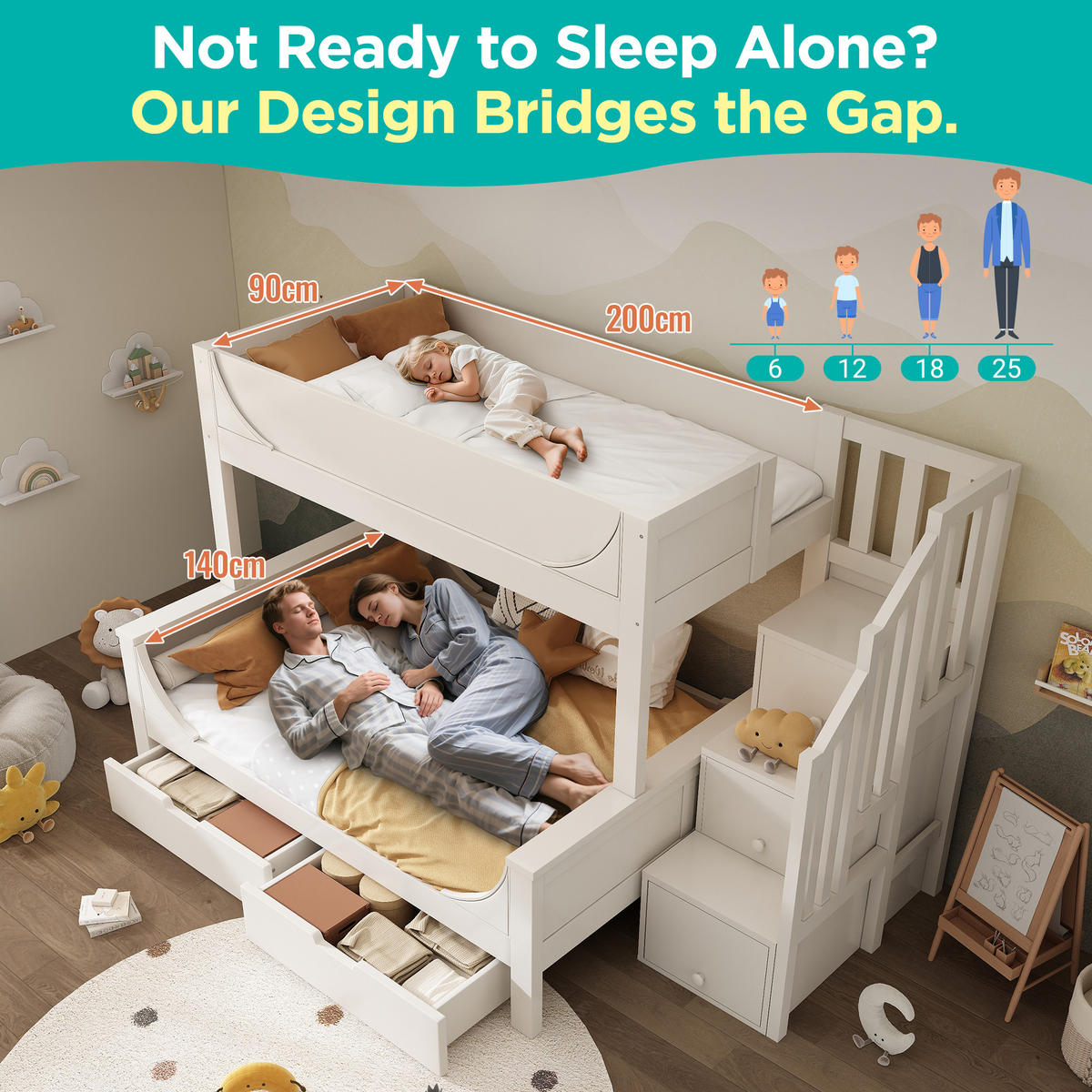 ETAGENBETT Mit Leiterschrank Weiß 90/140x200 cm - Weiß, Holz (90/200cm) - ComfortXL