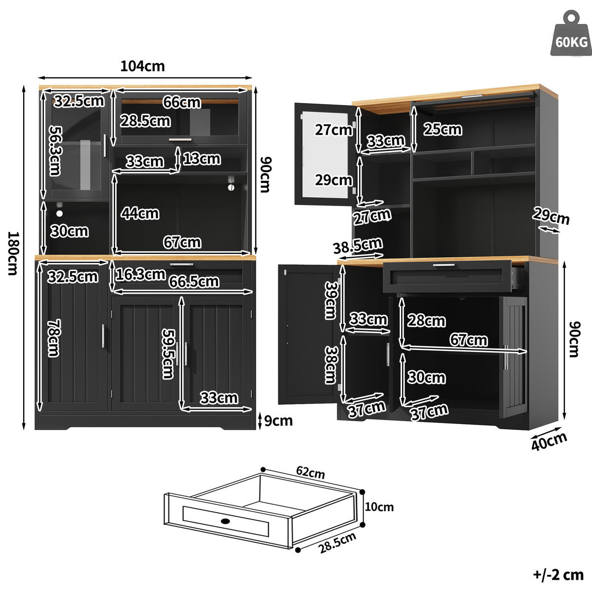 BUFFET 104/40/180 cm schwarz aus MDF mit LED-Beleuchtung - Schwarz, Holzwerkstoff (104/180/40cm) - OKWISH