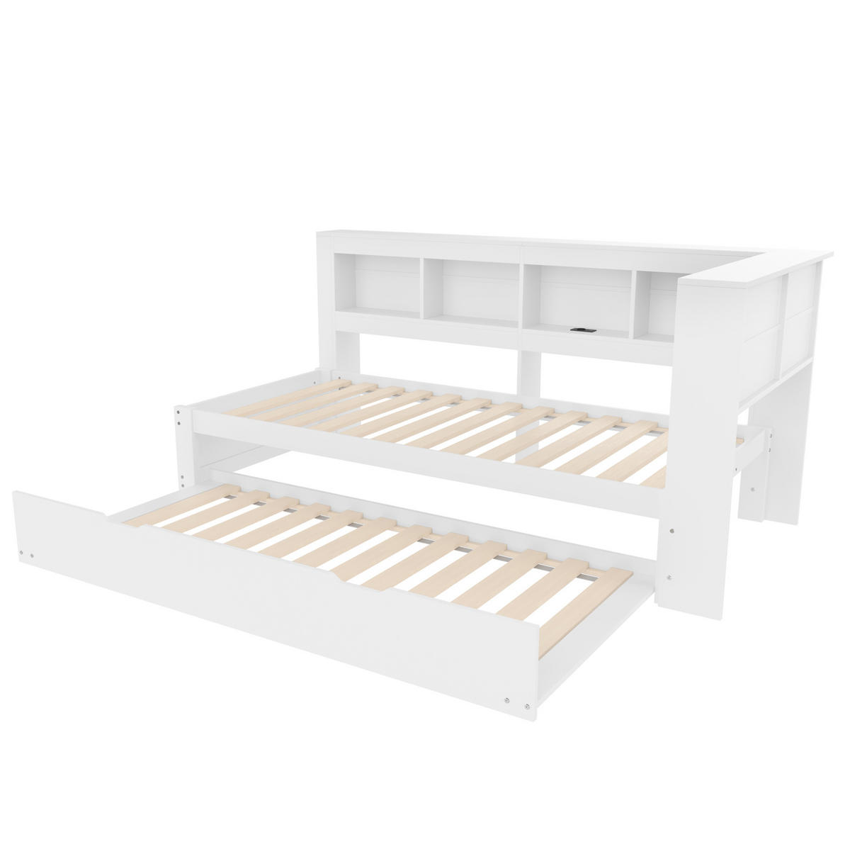 BETT 90/200 cm mit ausziehbarem Rollbett und USB, inkl. Lattenrost - Weiß, Holz (90/200cm) - BEAOK