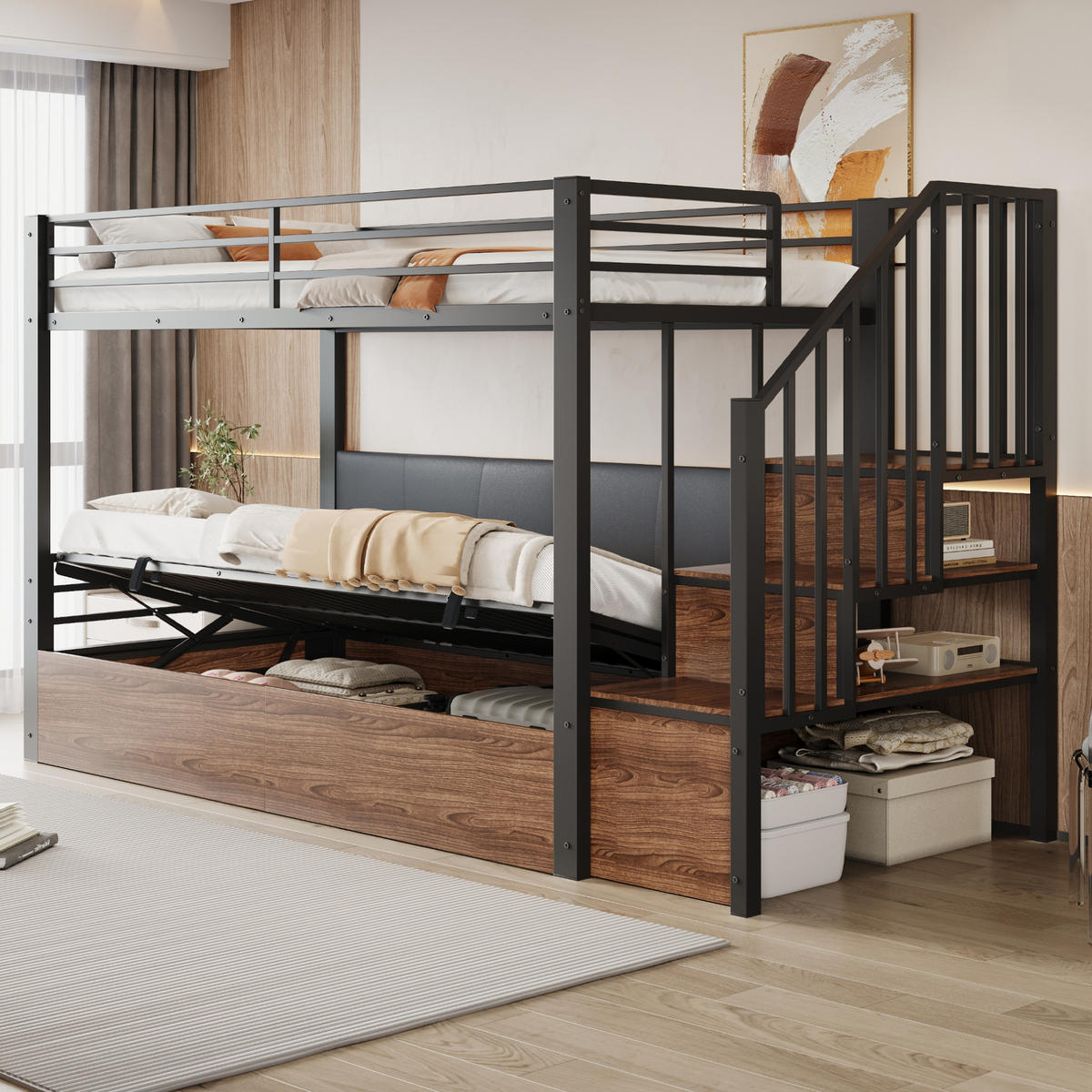 PATROVÁ postel 90/200 cm černá z kovu a MDF s úložným prostorem - černá, plast (90/200cm) - OKWISH