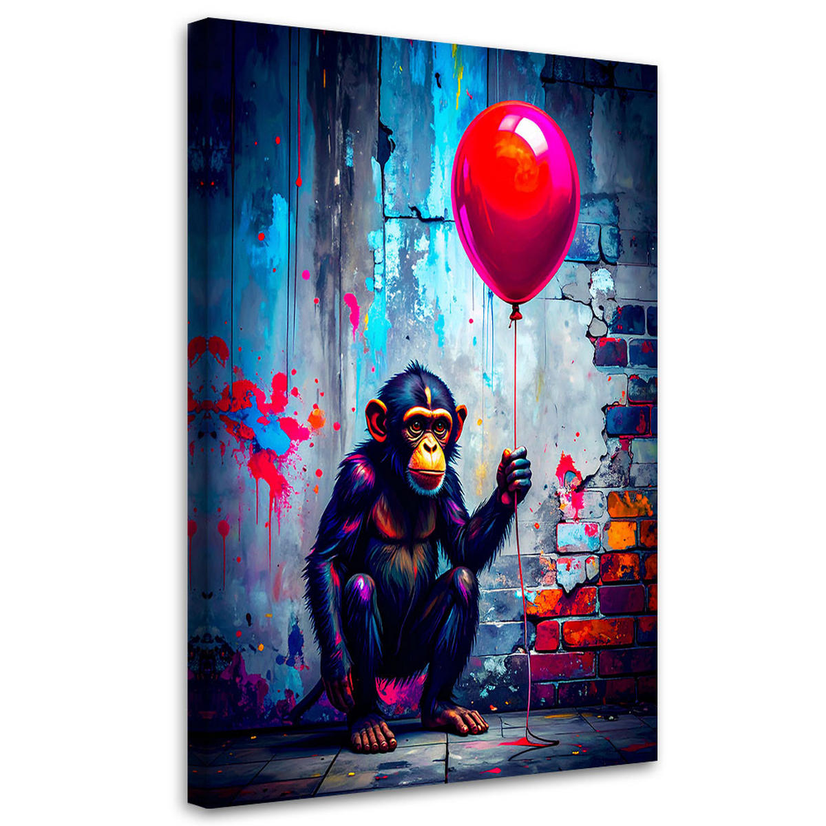 LEINWANDBILD Affe mit Ballon Graffiti Straßenkunst 80x120cm - Multicolor, Textil (80/120cm) - Feeby