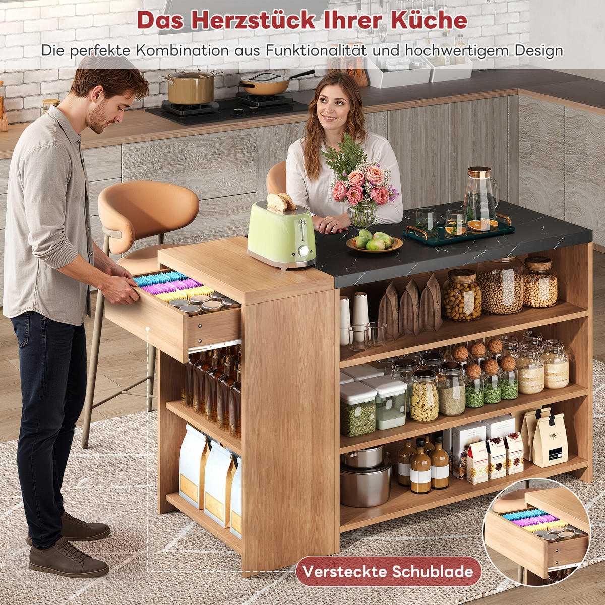 KÜCHENINSEL 140/60/90 cm Natur mit 5 Ebenen Stauraum und 1 Schublade - Naturfarben, Holz/Holzwerkstoff (140/90/60cm) - Oxeza
