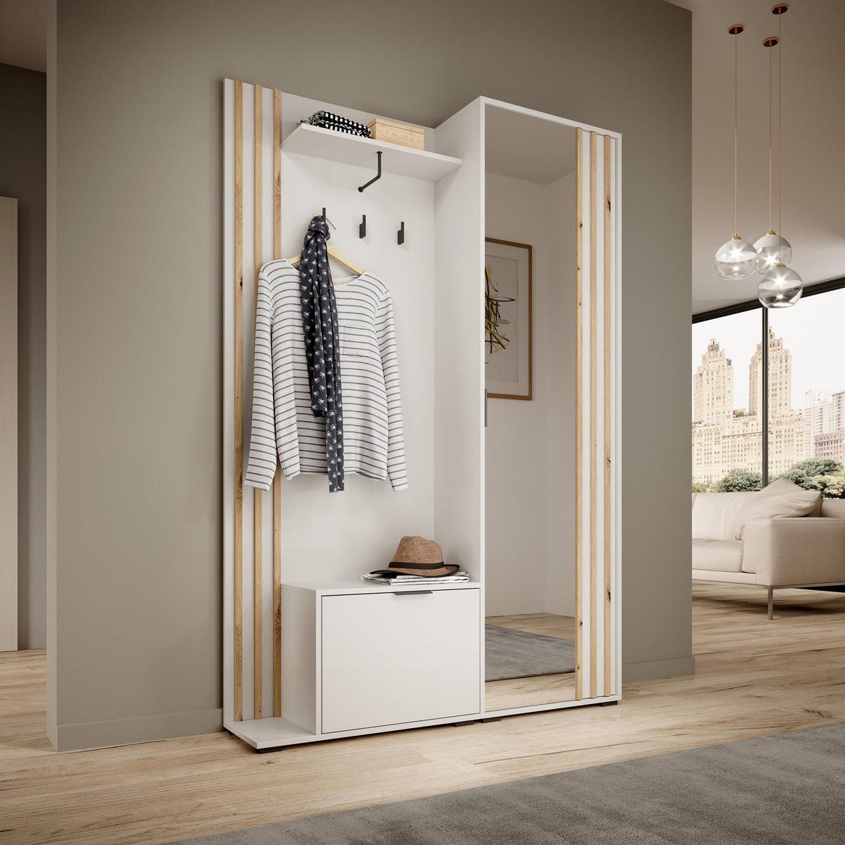 GARDEROBENSCHRANK NELIANA 131/192/40 cm Modern Garderobe-Set Weiß - Weiß, Holzwerkstoff (131/192/40cm) - MASSENO