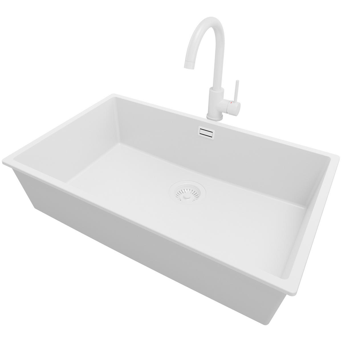 GRANITSPÜLE London Slim, 2-er set Alles Weiß 76/47 cm 1 Becken + Küchenarmatur 32/20 cm + Ablauf-Set ab 80er Unterschrank - Weiß, Kunststoff (76/20/47cm) - Primagran