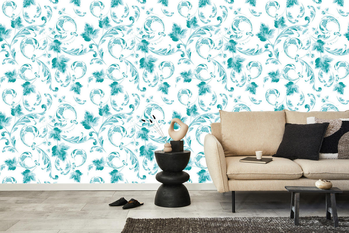 VLIESTAPETE Klassische Blätterornamente – Türkis, Weiß – 50x1000 cm - Türkis/Weiß, Papier (50/1000cm) - Muralo