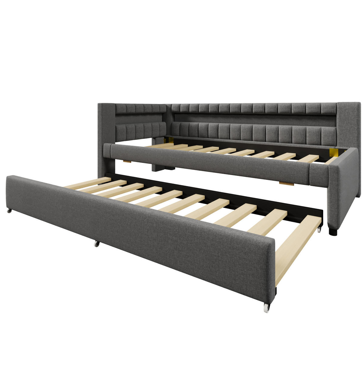 POLSTERBETT 90/200 cm Grau aus Leinen mit Ausziehbett und LED-Beleuchtung - Grau, Textil (90/200cm) - OKMYHOME