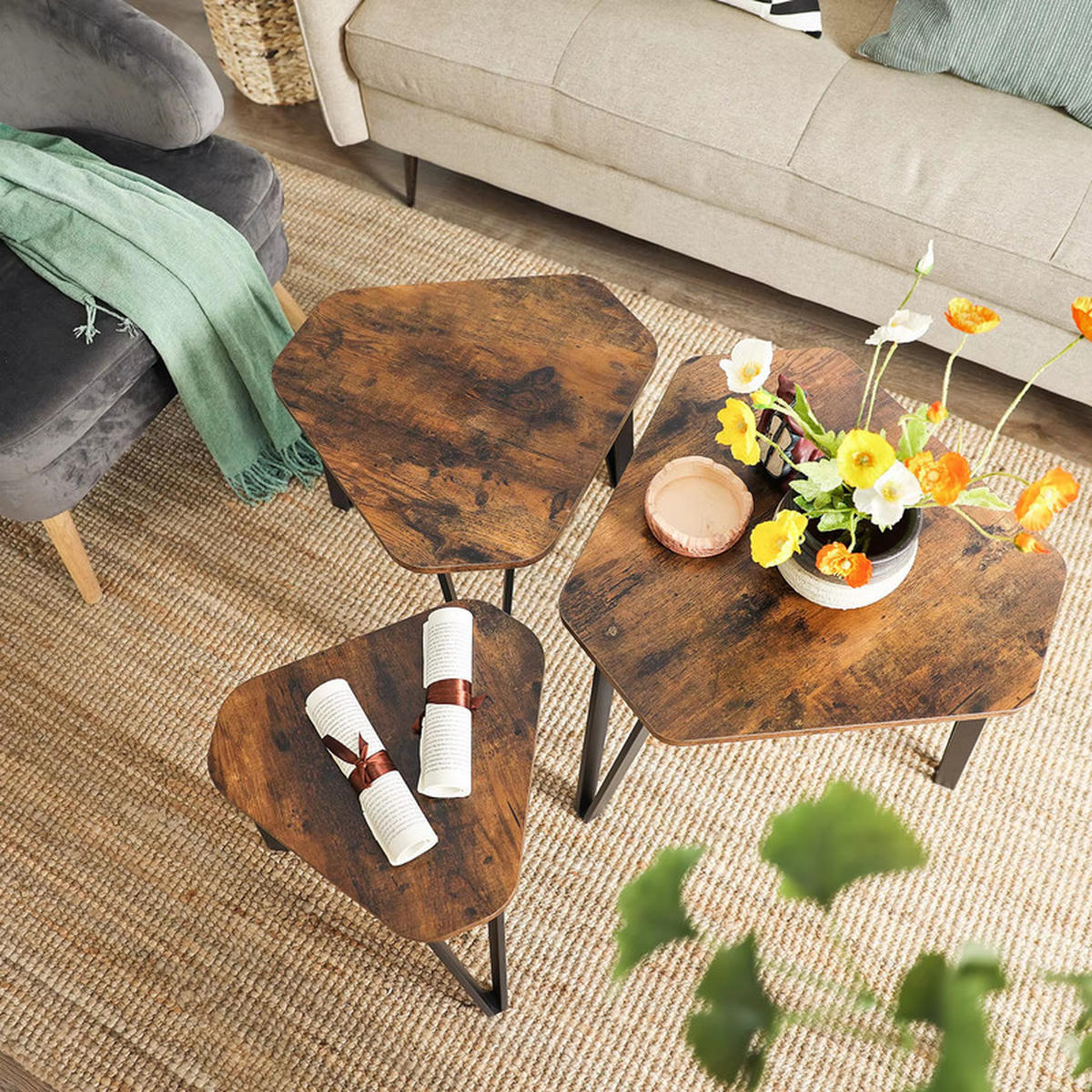 COUCHTISCH 3er Set Beistelltisch Metallgestell modern platzsparend - Braun, Holz (39.6/39.6/40cm) - Kaket