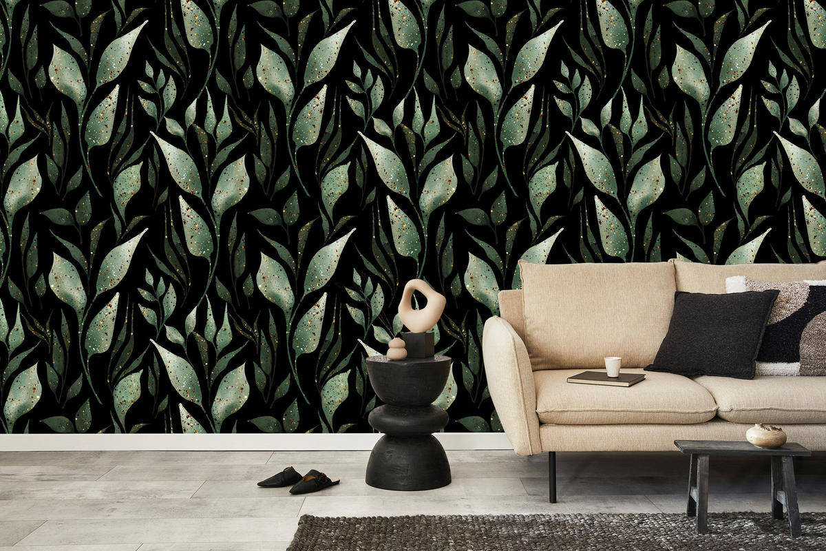 VLIESTAPETE Blätter und Zweige – Grün, Schwarz – 50x1000 cm - Schwarz/Grün, Papier (50/1000cm) - Muralo