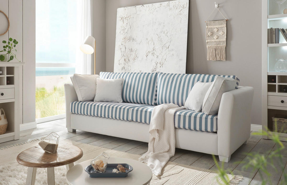 SOFA 2,5-Sitzer creme blau gestreift, Landhaus 200 cm, Couch inklusive 4 Kissen - Blau/Creme, Holz/Textil (200/88/96cm) - Furn.Design