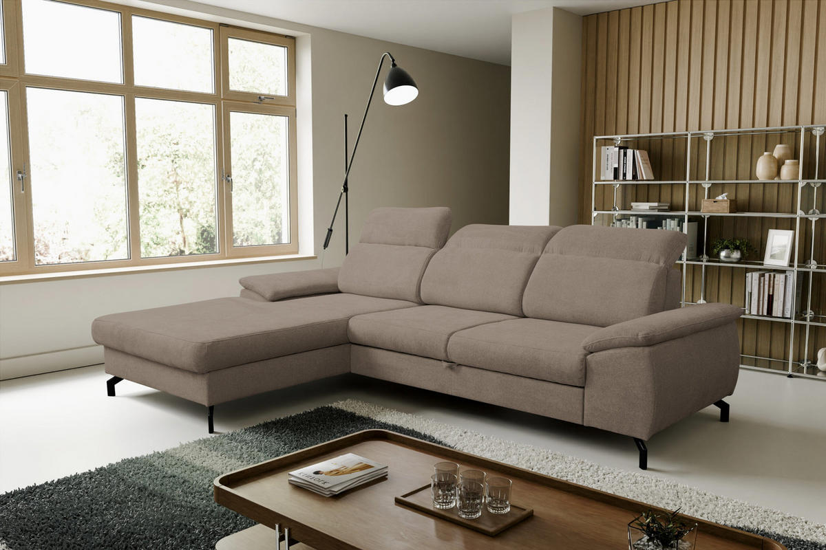 ECKSOFA MALIBU mit Schlaffunktion und Bettkasten, Farbe: Braun, Velourstoff, Ottomane Links - Braun, Textil (276/184cm) - VENASI MÖBEL