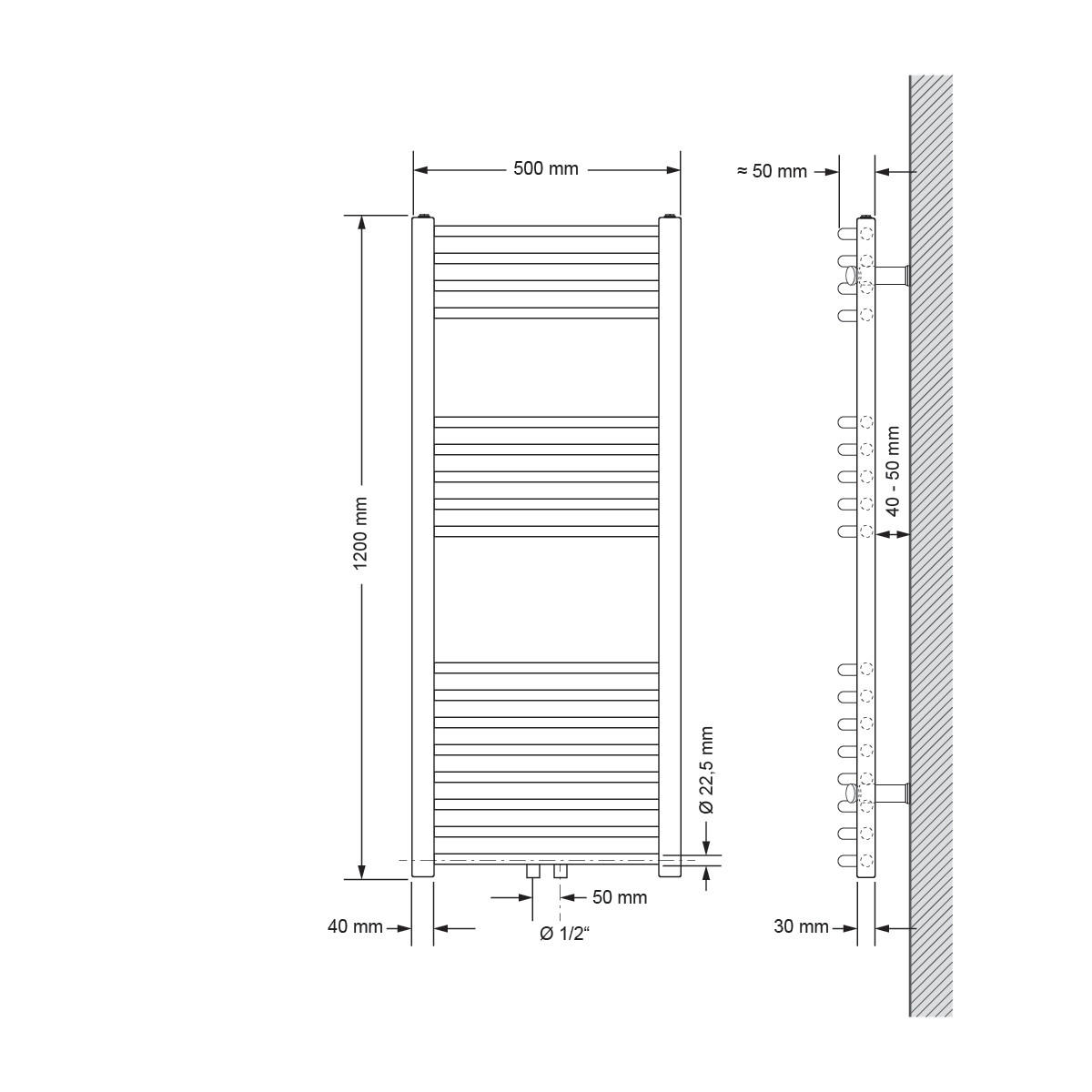 BADHEIZKÖRPER Sahara 500x1200 mm Weiß gebogen mit Mittelanschluss - Weiß, Metall (50/120/5cm) - LuxeBath