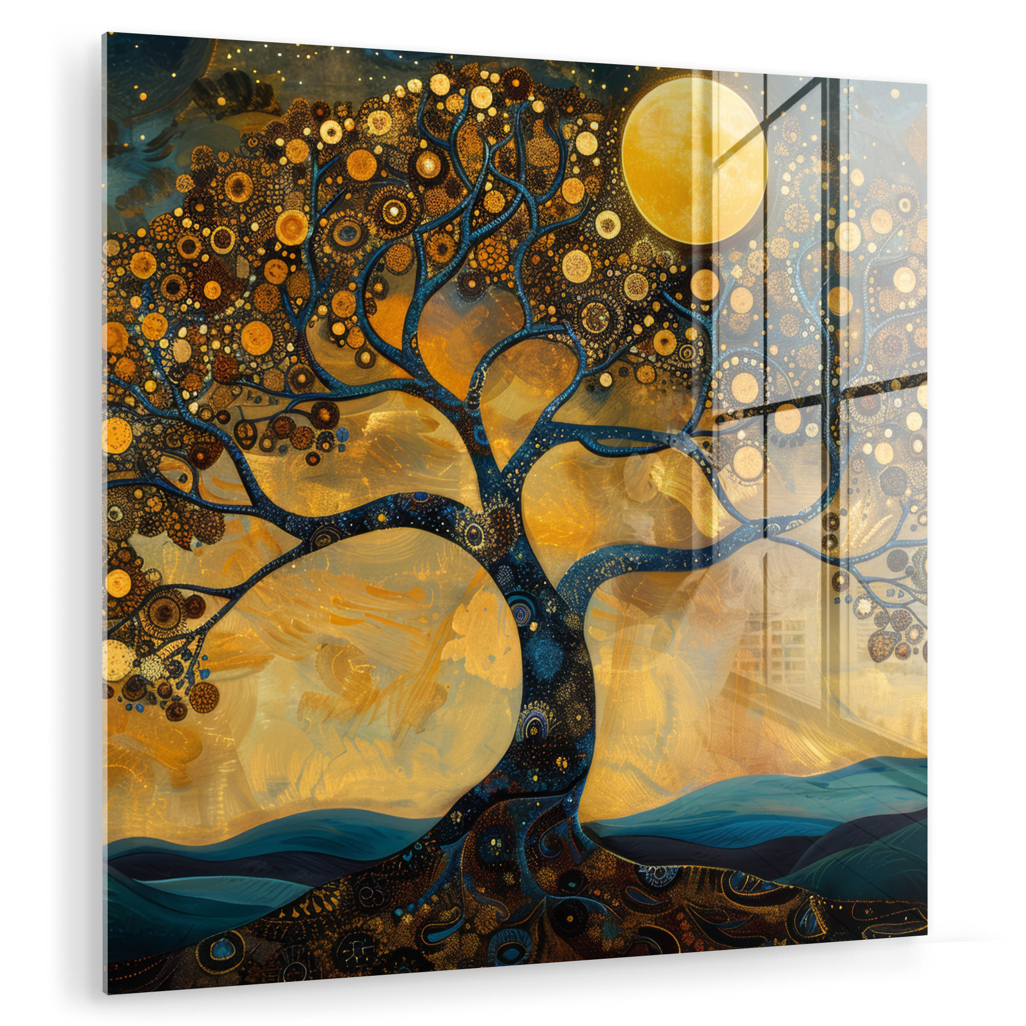 ACRYLGLASBILD Baum - Mond - Blumen - Gold - Kunst 50x50 cm - Orange, Glas (50/50cm) - MuchoWow