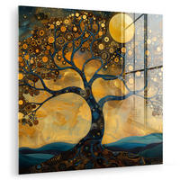 ACRYLGLASBILD Baum - Mond - Blumen - Gold - Kunst 50x50 cm - Orange, Glas (50/50cm) - MuchoWow