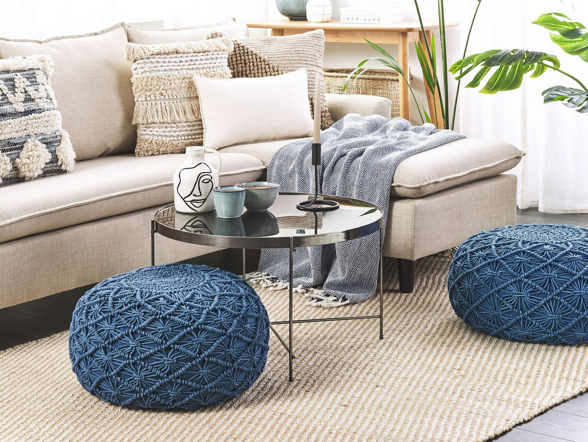 POUF Berkane 50/50/30 cm - Blau, Naturmaterialen/Textil (50/30/50cm) - Beliani
