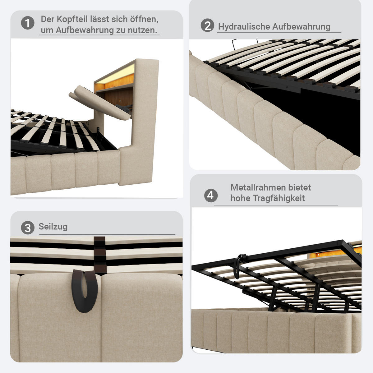BOXBETT 180/200 mit Bettkasten, LED/USB-C, Lattenrost, Leinen, Beige - Beige, Holz/Textil (180/200cm) - LVHOM
