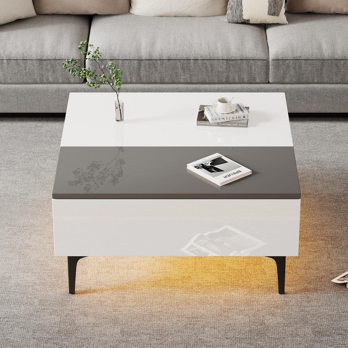 COUCHTISCH 70x70cm Weiß Höhenverstellbar LED Hochglanz Versteckter Stauraum - Weiß, Holz (92.08/50.8/17.15cm) - FLIEKS