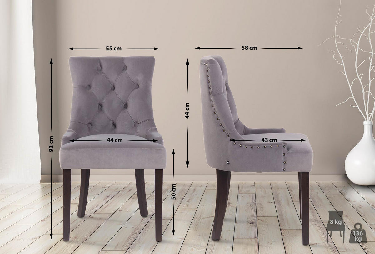 STUHL Samt grau - Grau, Holz/Textil (55/92/58cm) - CLP