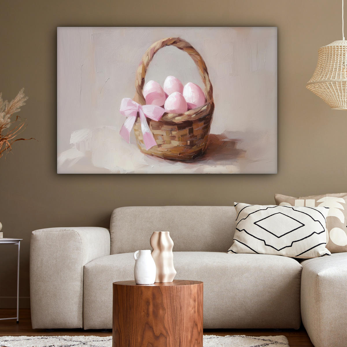 LEINWANDBILD Korb - Eier - Rosa Wohnzimmer Groß 120x80 cm - Beige, Textil (120/80cm) - MuchoWow