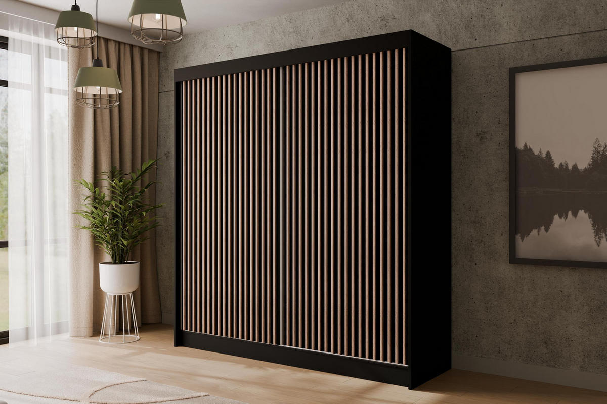 KLEIDERSCHRANK mit Lamel-Schiebetüren VILANv2 - 200 cm Schwarz + Lamelle Eiche Wotan - Eiche Wotan/Schwarz, Holzwerkstoff (200/215/61cm) - ALTDECOR