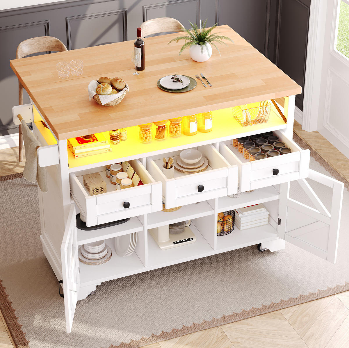 KÜCHENINSEL 120/43/98 cm Weiß aus MDF mit Klapptisch und LED - Weiß, Holzwerkstoff (120/98/43cm) - OKWISH