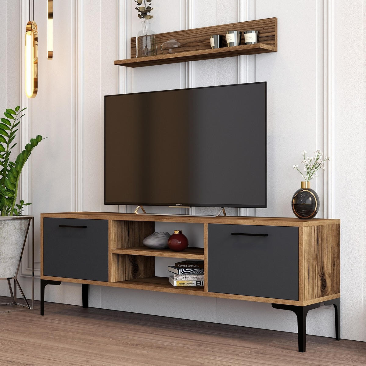 TV-MÖBEL Riga Nussbaum-Anthrazit - Anthrazit/Nussbaumfarben, Holz (140/48/30cm) - Habitat Garten