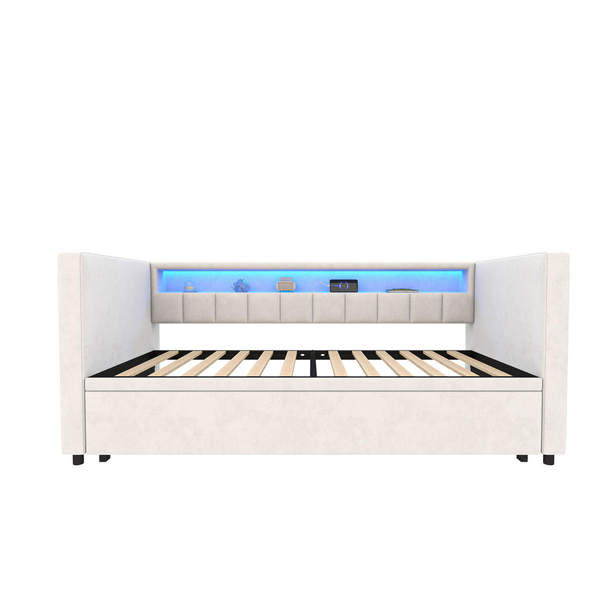 POSTEĽ 201/100-192/73 cm zamat béžová s LED osvetlením a USB-C - béžová, textil (90/190cm) - BEAOK