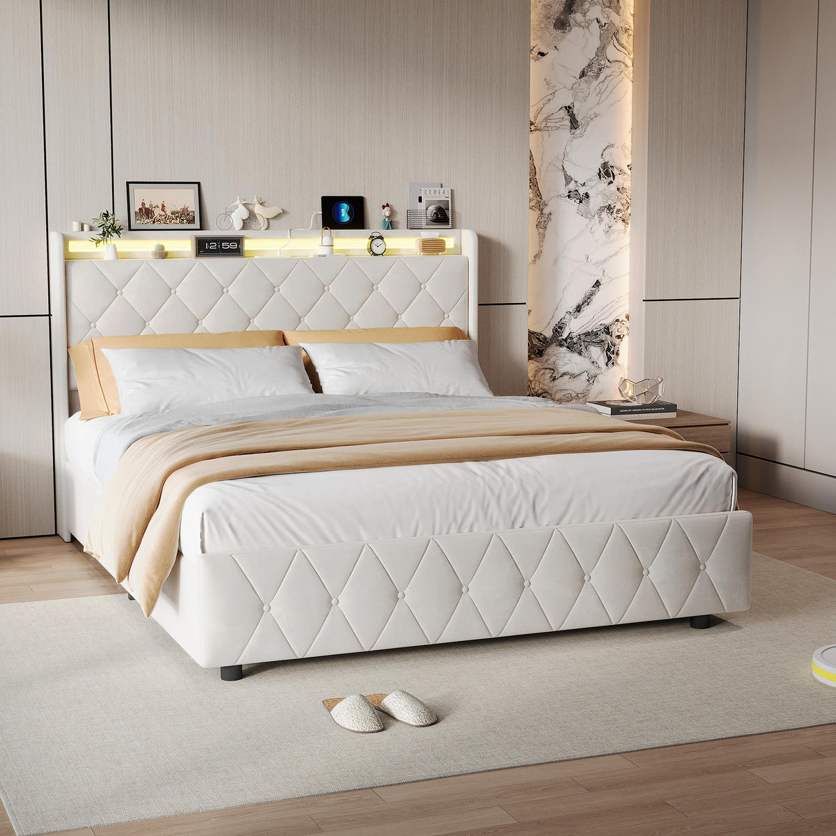 POLSTERBETT 140/200 cm Beige mit Schubladen und USB-Anschlüssen - Beige, Holz (140/200cm) - SHOPENTRA