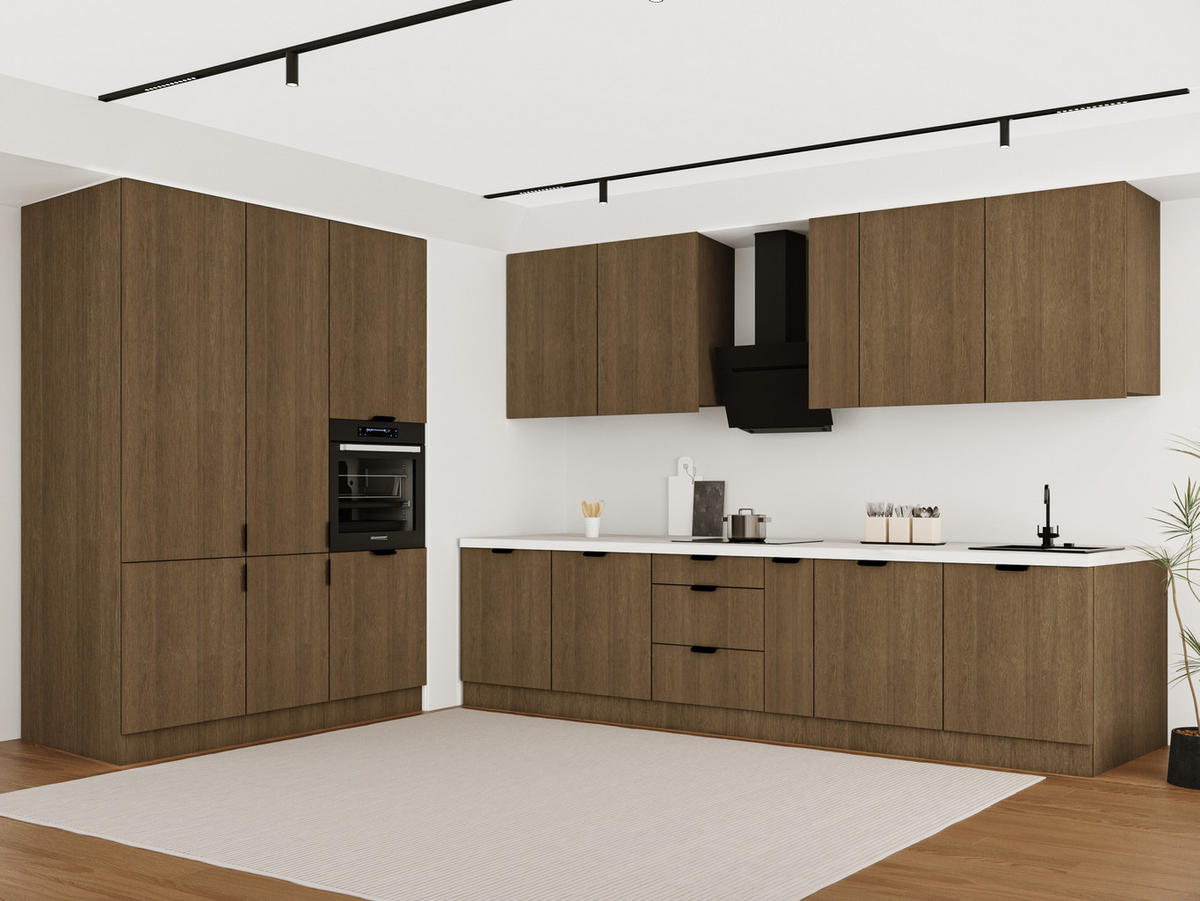 KÜCHENZEILE 320 x 160 cm - Sorento KS13-M320 - in Dunkle Eiche - Eichefarben/Schwarz, Holz/Metall (480/247/58cm)