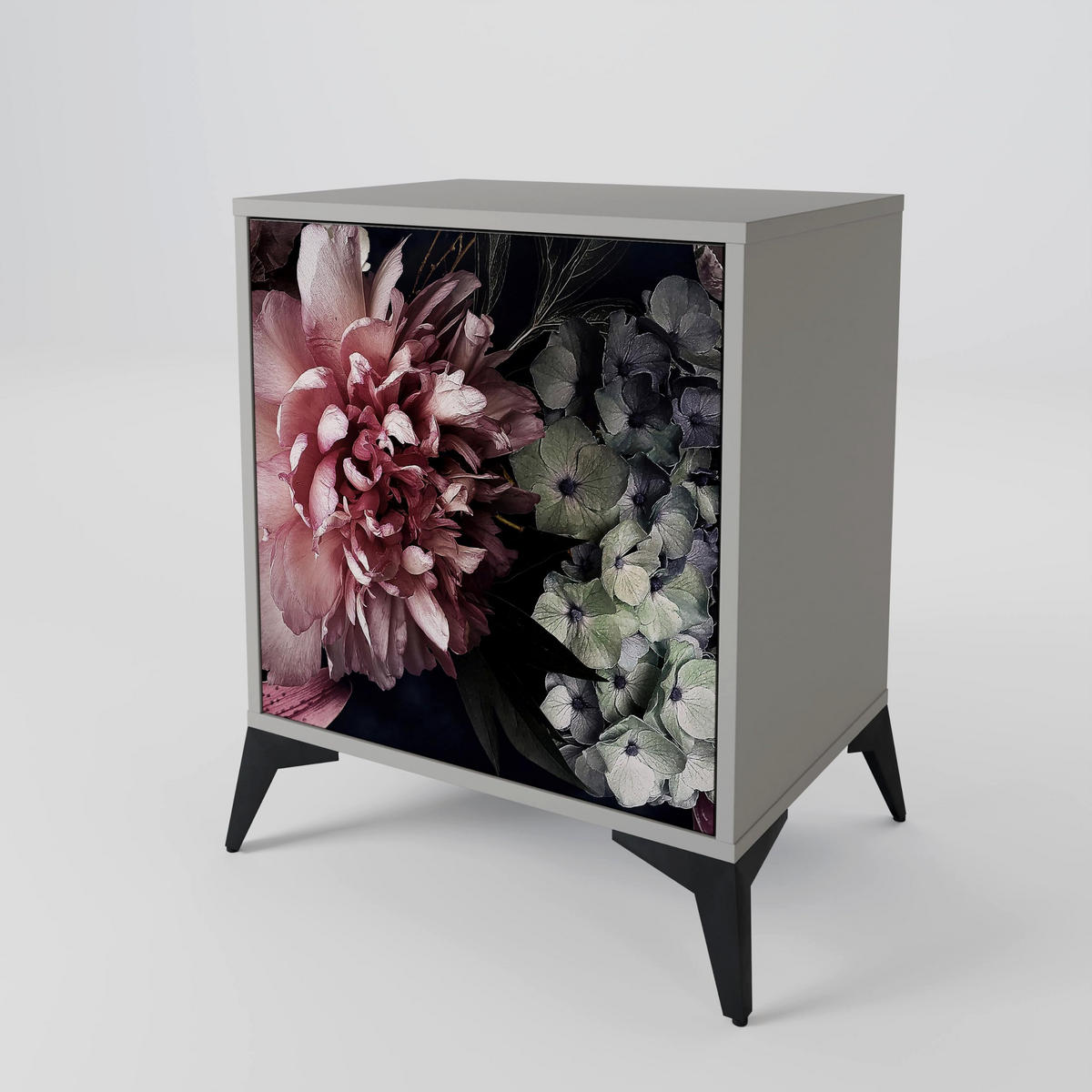 SIDEBOARD PURE BLOSSOM, Grau, 57,5x42x67,5 cm, Schwarze Metall-Rahmenfüße - Multicolor/Schwarz, Holzwerkstoff/Metall (57.5/67.5/42cm) - SpaceRebels
