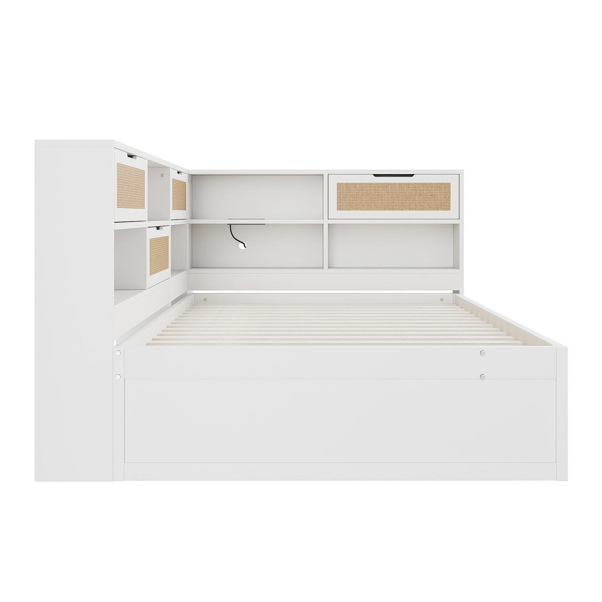 BETT 140/200 cm in Weiß mit Ausziehbett, Stauraum und USB-Ladeanschlüssen - Weiß, Holz (140/200cm) - BEAOK