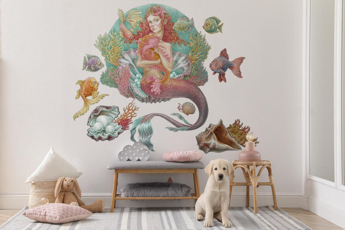 WANDAUFKLEBER 100x99cm - Meerjungfrauen-Zeichentrickwelt - Multicolor, Kunststoff (100/99/0.1cm) - Wallfluent