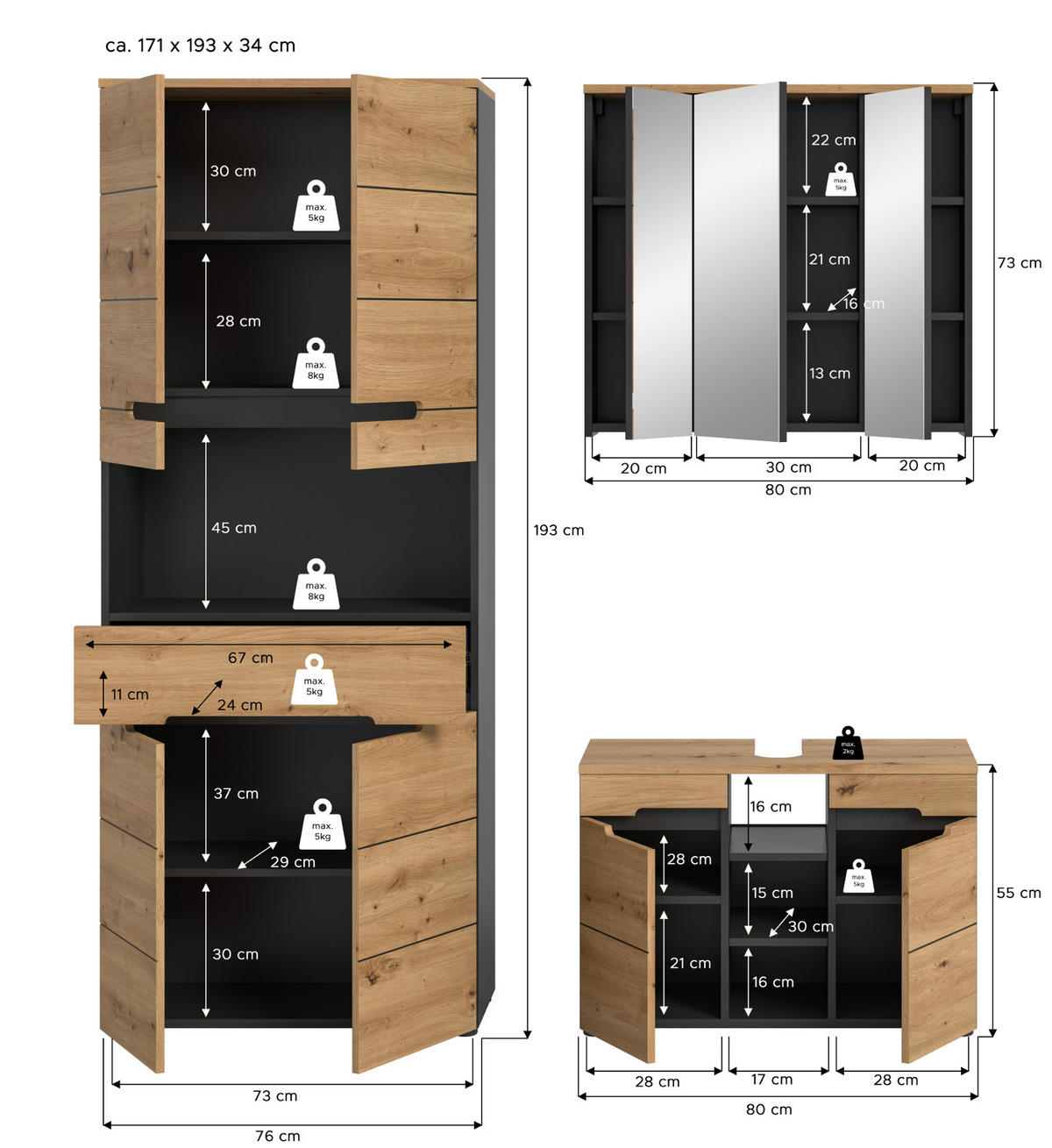 BADMÖBEL-SET Eiche, grau 3-teilig 171 cm, Komplettset mit Soft-Close - Schwarz/Eiche Artisan, Glas/Holzwerkstoff (171/193/34cm) - Inn.Furn