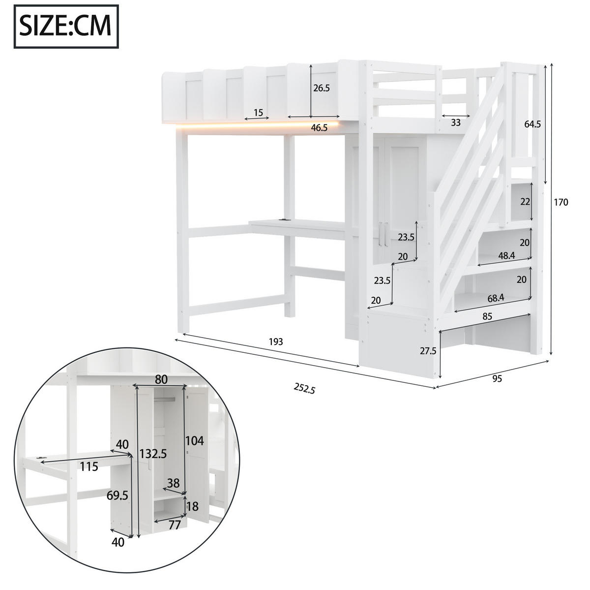 HOCHBETT 90/200 cm Weiß mit Schreibtisch, Kleiderschrank und LED - Weiß, Holz (90/200cm) - MIVRAY