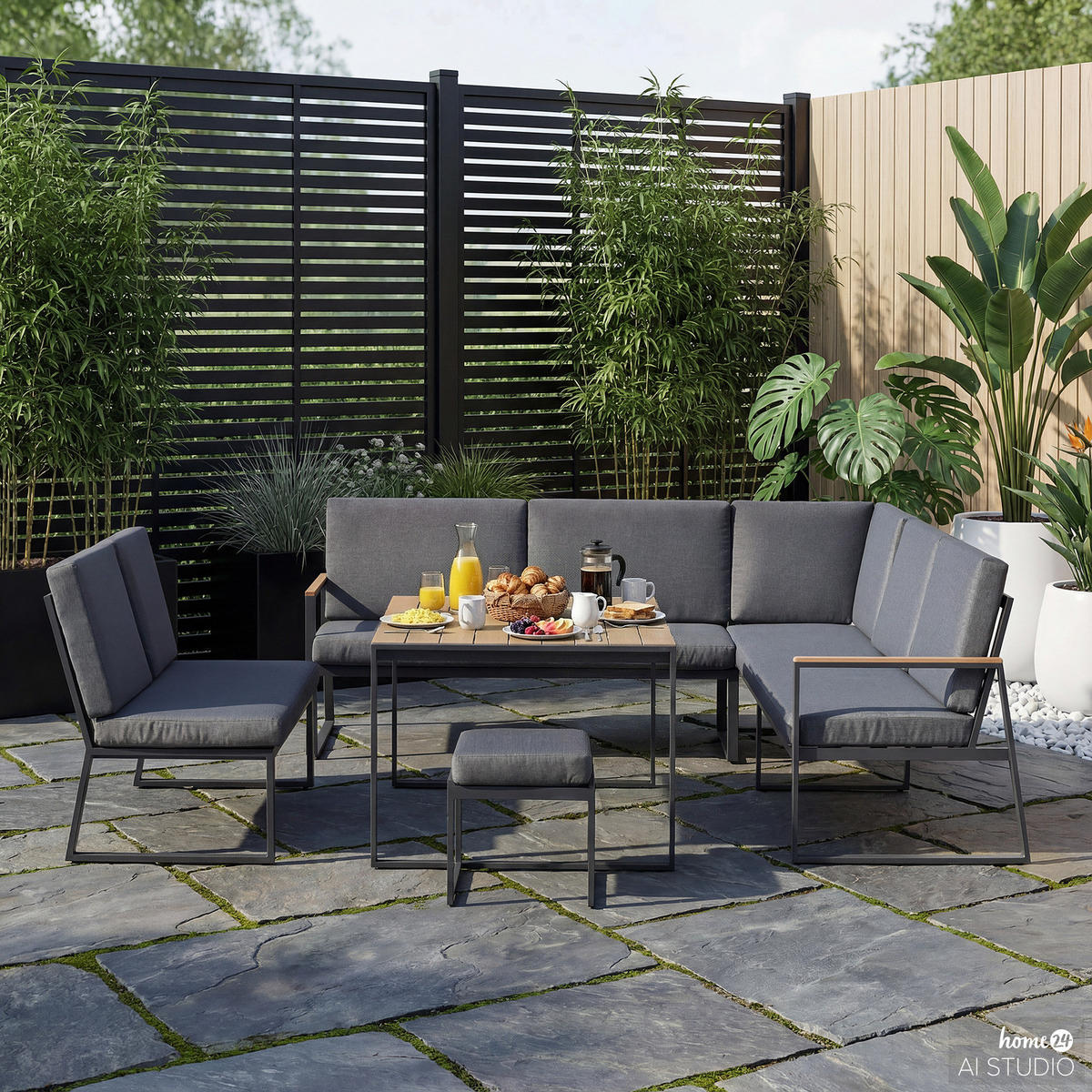 LOUNGEGRUPPE - 5-teilig - Stahl / Webstoff - Grau - Grau, Kunststoff/Textil - home24