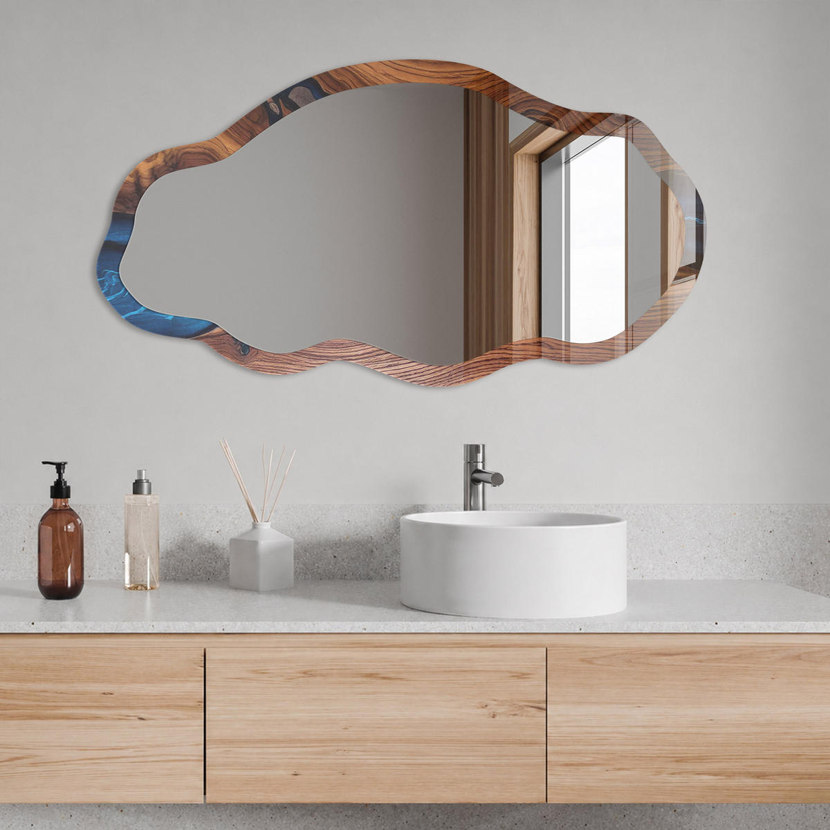 SPIEGEL 90x45 cm asymmetrisch mit Druck - Holzwasser - Transparent, Glas (45/90/0.4cm) - TULUP