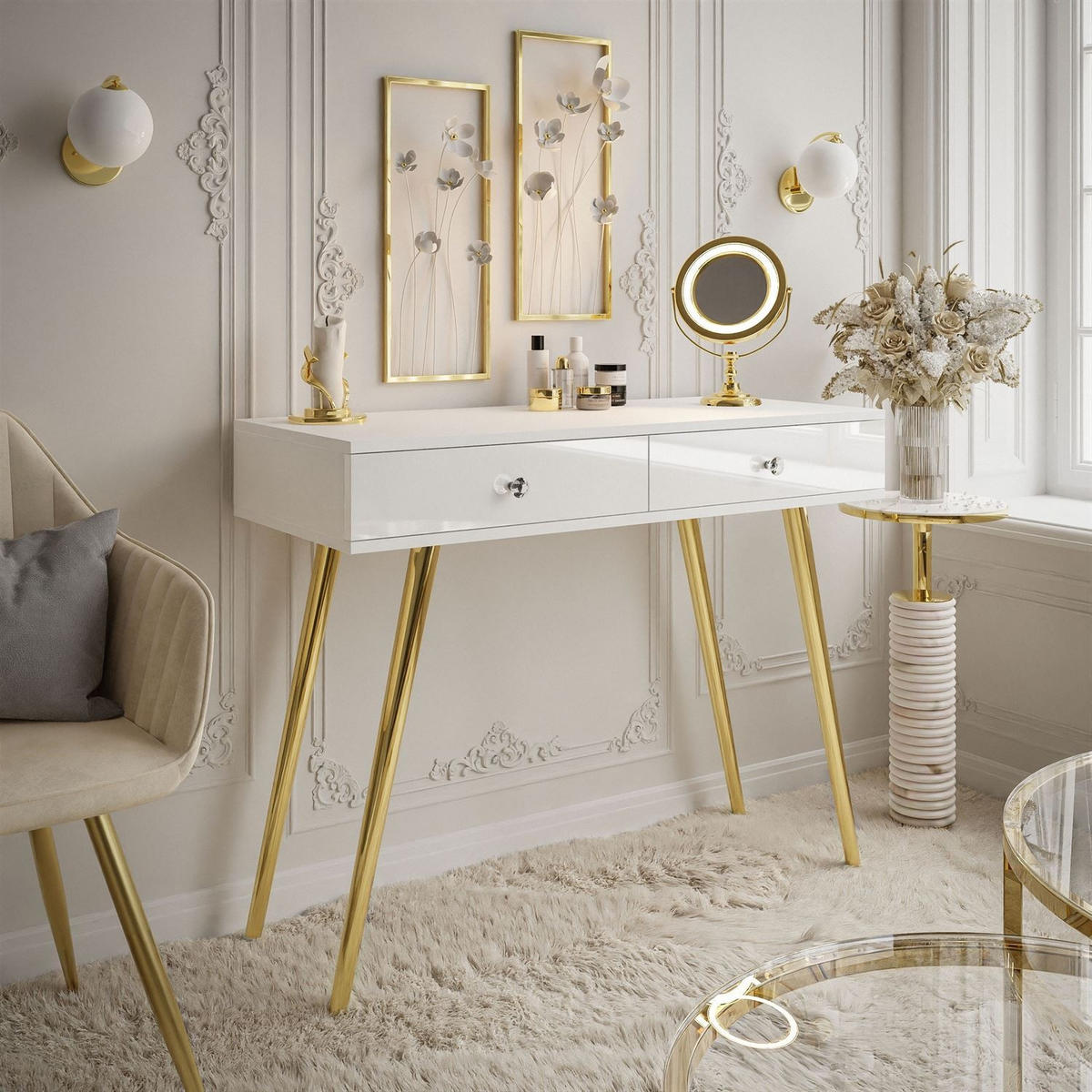 KONSOLE SIENNA GOLD mit Schubladen auf goldenen Beinen - Weiß Hochglanz/Goldfarben, Holzwerkstoff (100/81/42cm)
