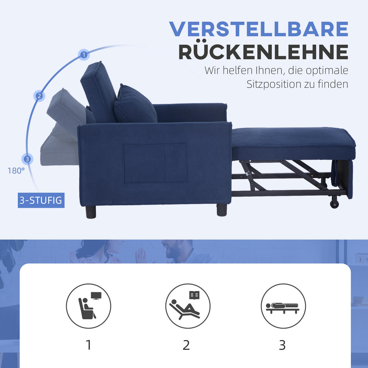 3-IN-1 Schlafsessel, Klappbett mit Bettfunktion, Lendenkissen für Wohnzimmer - Blau, Kunststoff (74/81/84cm) - HOMCOM