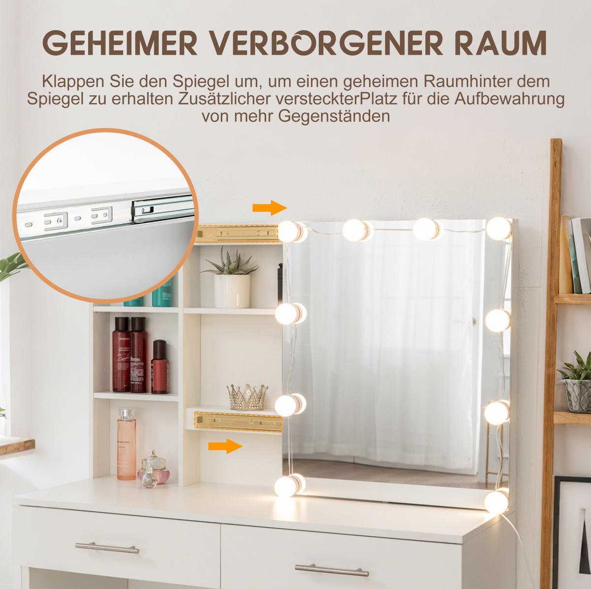 SCHMINKTISCH aus MDF 100x40x136 cm Weiß mit Schiebespiegel, verstecktem Stauraum, LED-Beleuchtung, Kommode, Eckregalen und Hocker - Weiß, Holzwerkstoff (100/136/40.5cm) - Modfu