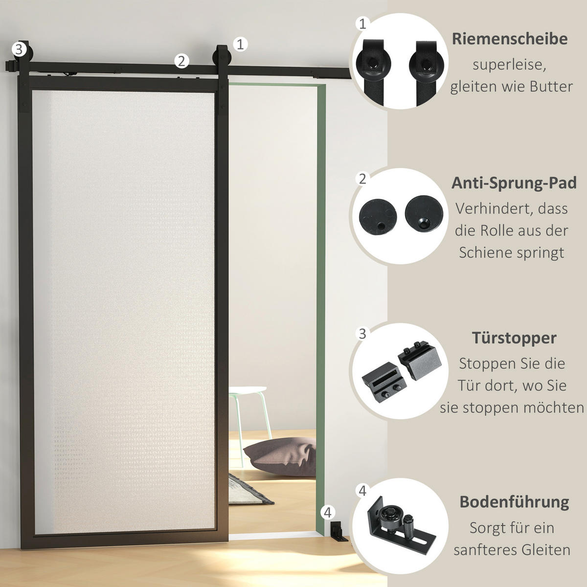 SCHIEBETÜREN-BESCHLAGSATZ, 183 cm Komplett-Set mit Schienen, Rollen, Anti-Sprung-Vorrichtungen, Türstopper, Schwarz - Schwarz, Metall (0.5/4/183cm) - HOMCOM