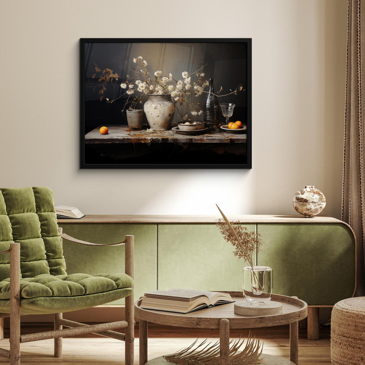 POSTER MIT RAHMEN Stilleben - Blumen - Blumenstrauß - Vase - Wein 80x60 cm - Schwarz, Papier (80/60cm) - MuchoWow